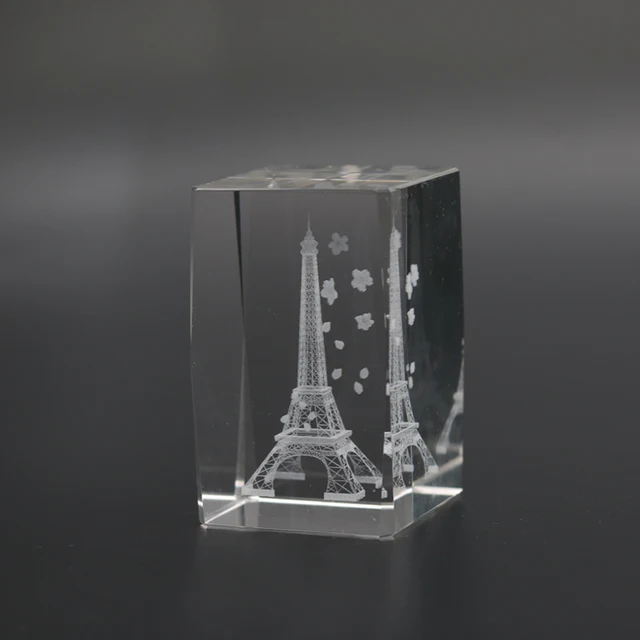 3d laser engraving eiffel tower crystal cube for gifts and home