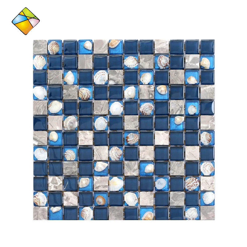 Blue Square Crystal Glass Shell Mix Stone Mosaic,Border Tiles,Light Blue Mosaic For Swimming Pool