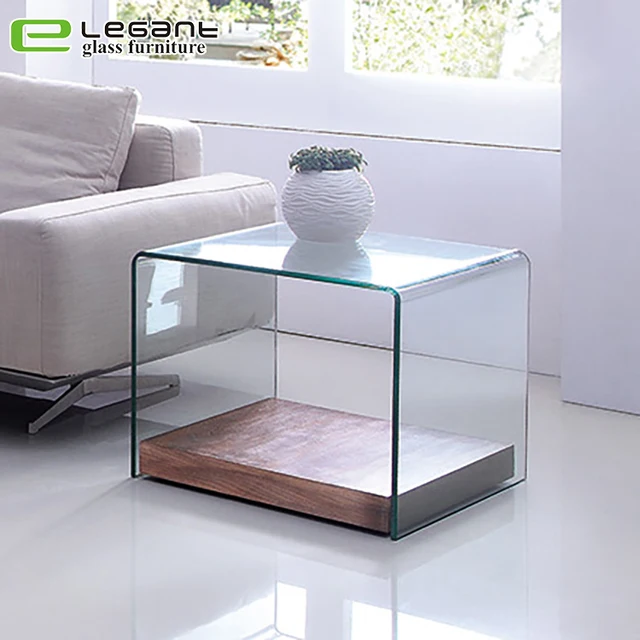 Curved Glass coffee side Table with Walnut Wood Veneer Base