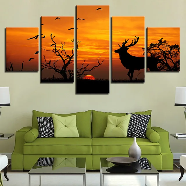 Wall-Art-Canvas-Painting-Wall-Pictures-For-Room-Home-Decorative-5-Panel-Forest-Animal-Deer-Sunset.jpg_640x640
