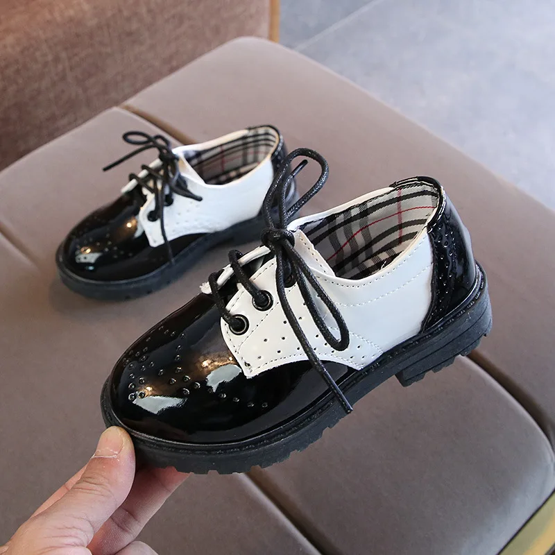 Hot selling cheap leather children school shoes, Black / black and white 
Hot selling cheap leather children school shoes, Black / black and white