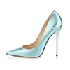 CSR Light Blue Stiletto Heels Dress Shoes Mirror Leather Pointy Toe Pumps for lady