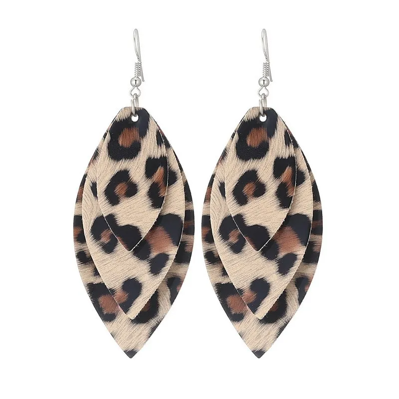 

7.2 x 3.5 cm 8 g European New Trendy 3 Layering Fashion Leopard Leather Earrings, Multi colors available
