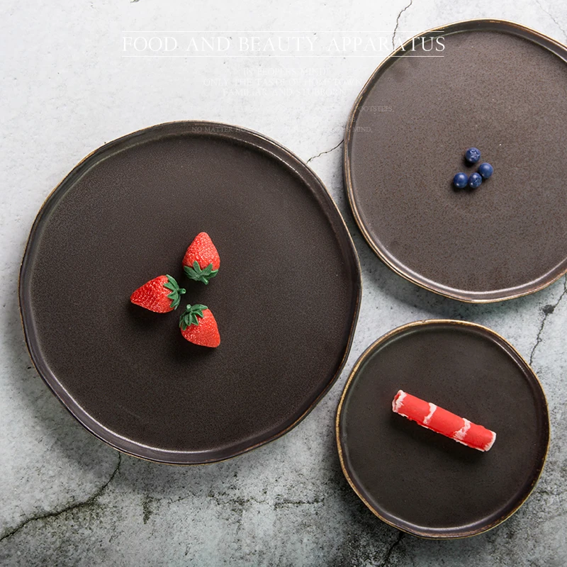 Tableware use porcelain tray irregular black matte glazed round ceramic dinner plate, Black or customized
Tableware use porcelain tray irregular black matte glazed round ceramic dinner plate, Black or customized