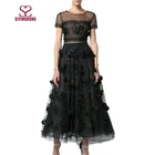 High quality women black lace see-through short sleeve women lace party dress