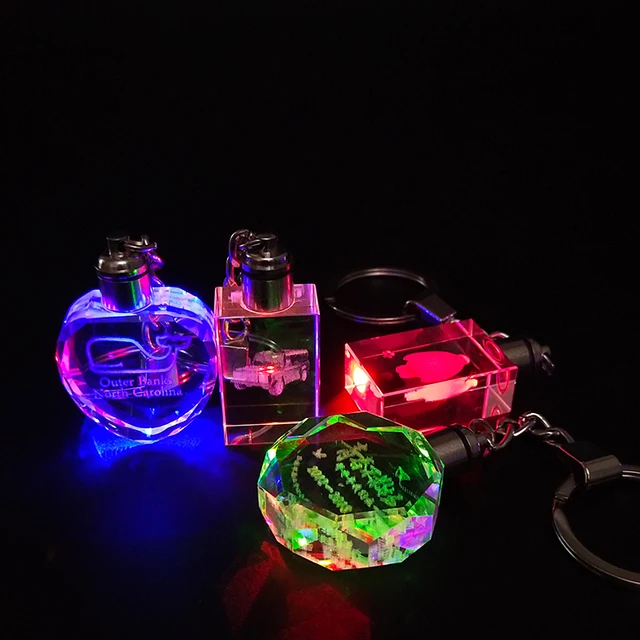 laser engraving logo led crystal glass wedding souvenir keychain