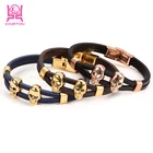 Fashion Leather Double Skeleton Skull Charm leather Bracelet For Men Gift Magnet Punk Jewelry 2017 New leather bracelet