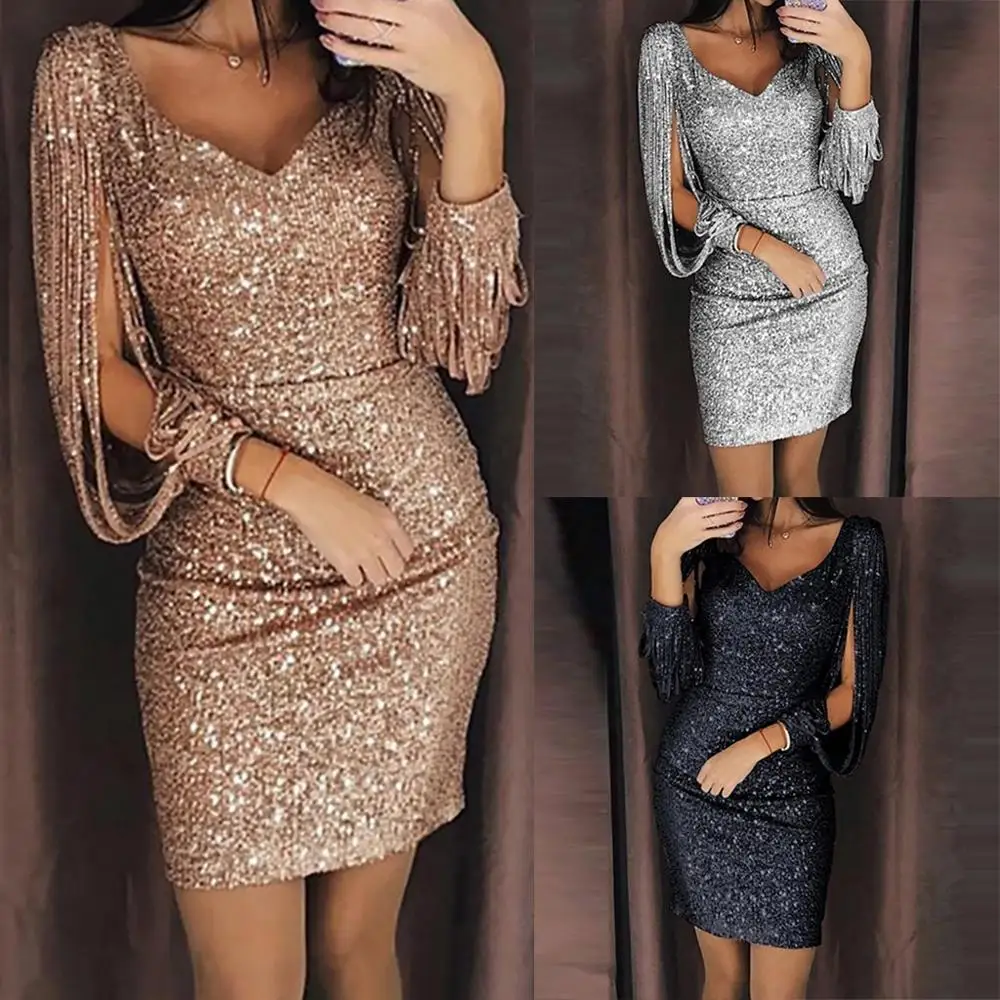

2019 New Fashion Sexy Women V Ncek Solid Sequined Glitter Stitching Shining Club Sheath Long Sleeved Mini Dress For Female
