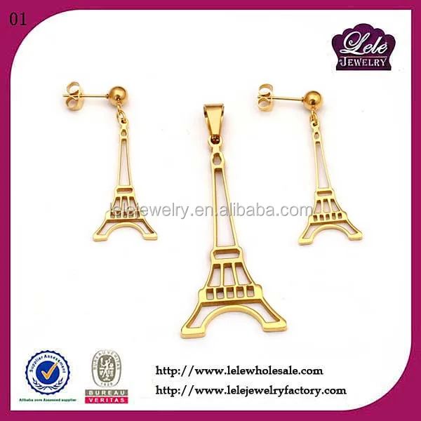 Eiffel Tower 316L fashion jewelry stainless steel 18k gold plated jewelry set for women