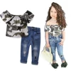 Stylish Kids Girl Clothes Casual Off Shoulder Camouflage Tops and Hole Pocket Jeans 2pcs Cotton Set Kids Clothing Set