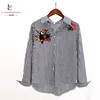 Fashion Spring Floral Embroidery Blouses Soft Stripe Shirts for Ladies