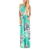 Fashion new ladies western dress sleeveless long floral print blue dress summer beach pocket dress