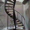 straight and spiral combination stair with wood step and metal railing