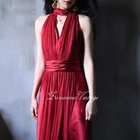 women fancy wine red color halter choker V neck sexy evening party formal satin long dress wedding prom gowns