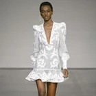 new Australia Europe celebrity fashion white long sleeve backless button beaded embroidery mini mermaid lace beach dress