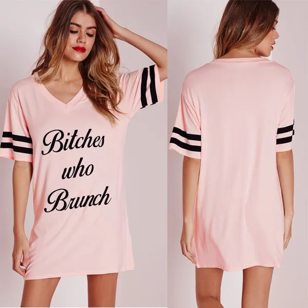 Fashion pink letters printed stripe cuffs women sleepwear night dress