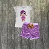 YJ-007 2019 Latest Beautiful sequined short with cartoon print white flutter sleeve t shirts outfits Boutique baby girls cloth