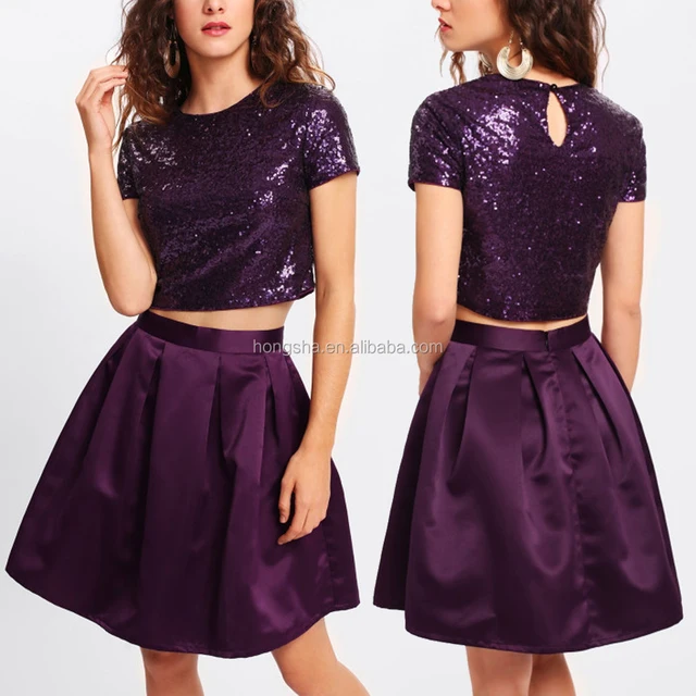 sequin crop top & boxed pleated skirt set short skirts no