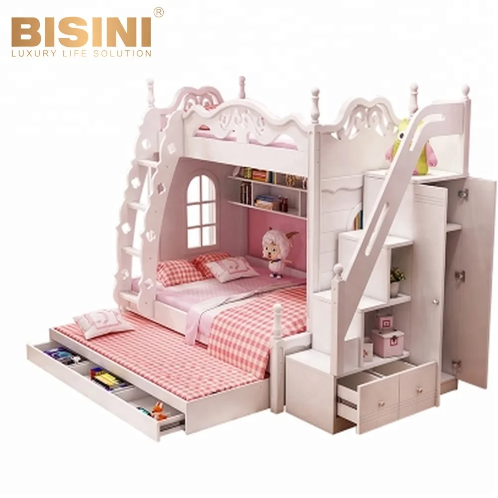 Bisini خشبية الاطفال سرير بطابقين مع الدرج خزانة ، سرير طابقي للأطفال أثاث غرفة نوم BF09-70000