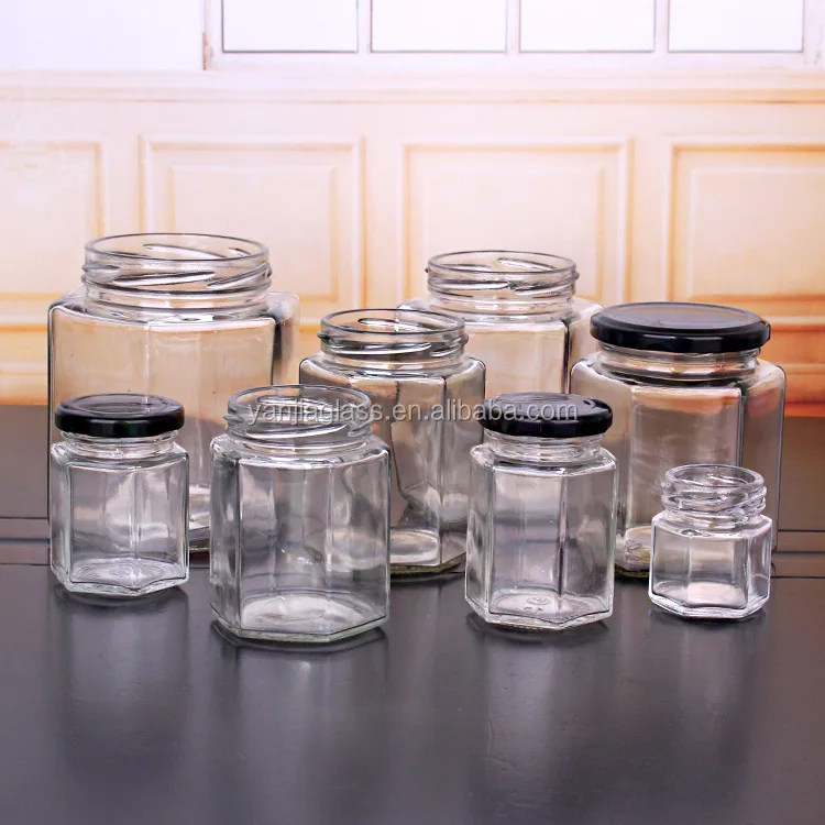 glass hexagonal storage jar 400ml stocked jam jars