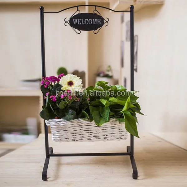 indoor decor iron stand hanging wicker woven flower basket