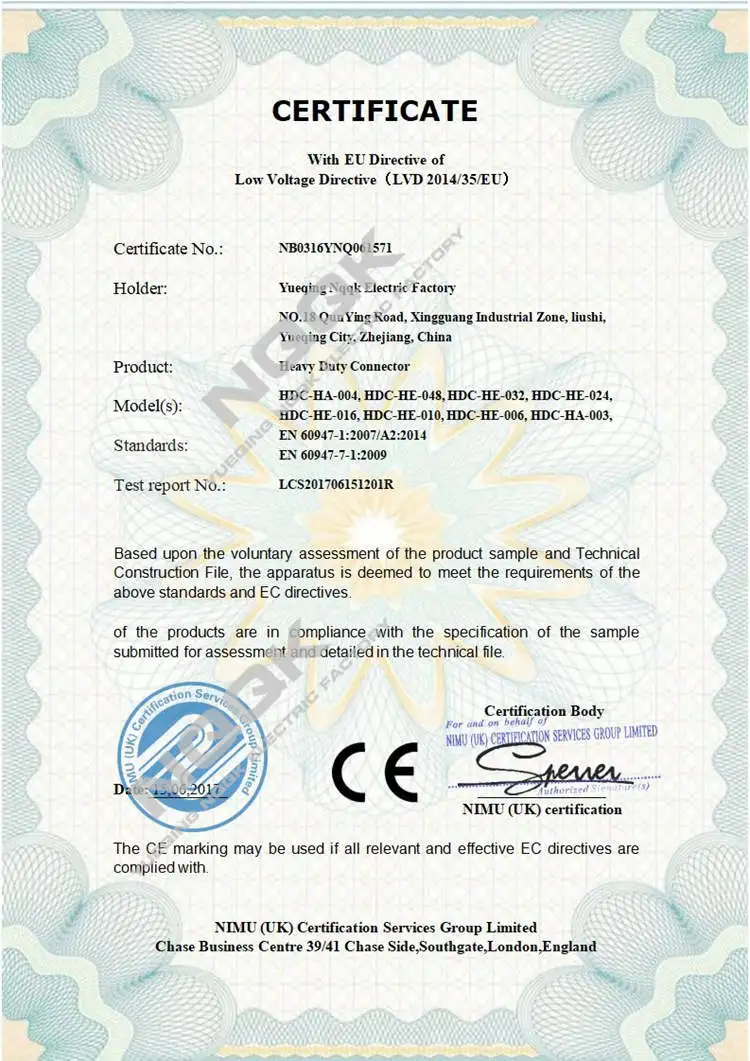nqqk Heavy Duty Connector CE certificate