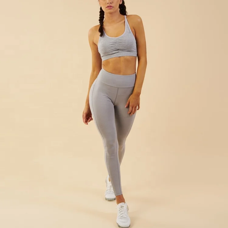 Women Gray Color Custom Tights Recycled Polyester Bra Leggings Set