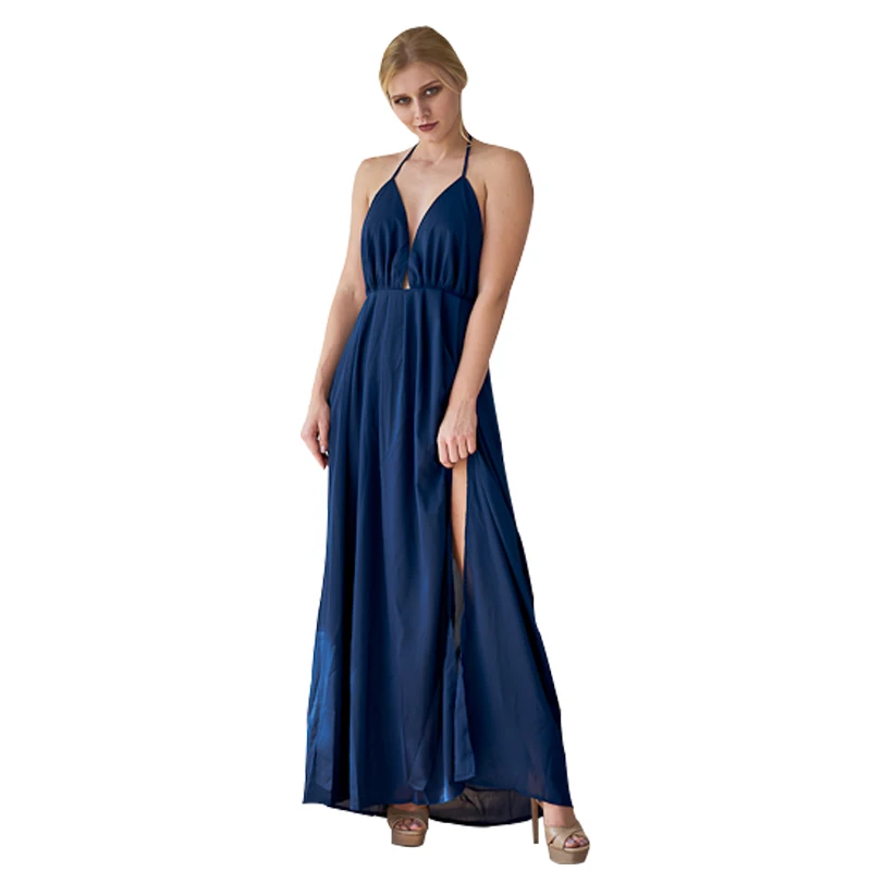 Hot selling Fashion Clothes Women's solid Elegant sleeveless deep v neck halter backless maxi long sexy fat women dresses ladies