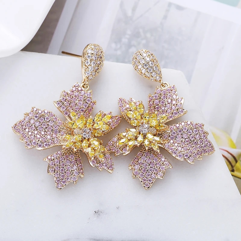 Luxury Big Flower Petal Drop Earrings Fashion Design New Zirconia Earrings, Pink, silver
Luxury Big Flower Petal Drop Earrings Fashion Design New Zirconia Earrings, Pink, silver