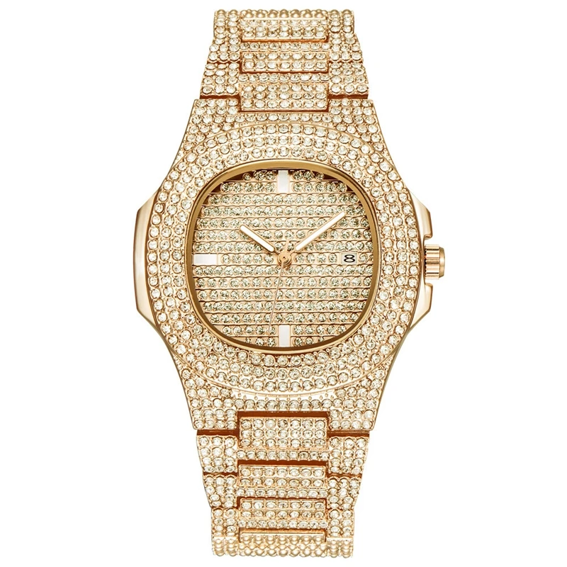 

Top Fashion Men's Business Watches Calendar Clock Quartz Analog Gold Stainless Steel Band Luxury Diamond Men Wrist Watches Reloj