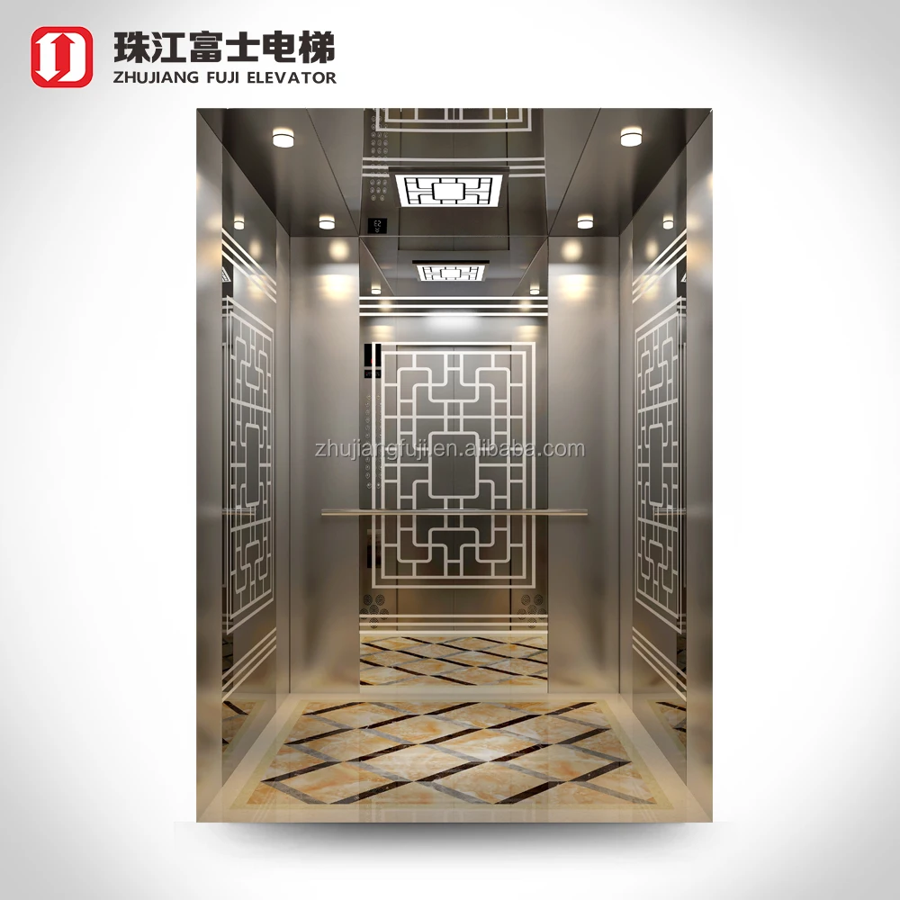 China Fuji Brand Cheap titanium Silver Mirror Finish Etching Hairline And Striated Texture Passenger Elevator
