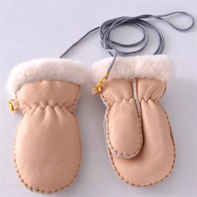 Warm Baby Real Lamb Fur Mitten Kids Fingerless Leather Gloves