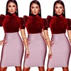 PY8252 2019 New Arrivals Fashion Women red Elegant Stand Neck Short Pearl Sleeve Velvet Tops