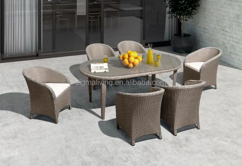 Hot sale modern design garden furniture 7 pieces rattan dining table and chair set