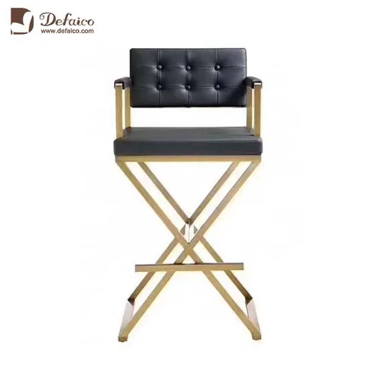 Luxury Bespoke Project Golden Metal X Base Dining Restaurant Bar Black Leather High Bar Count Chair