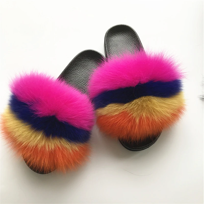 

Candy Color Wholesale Adult Kid Soft Plush Fluffy Fur Slippers Real Fox Fur Adult Furry Slides, Picture