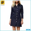 OEM Western Style Lady Long Sleeve Dark Blue Denim Button Up Thick Shift Cotton Winter Dress