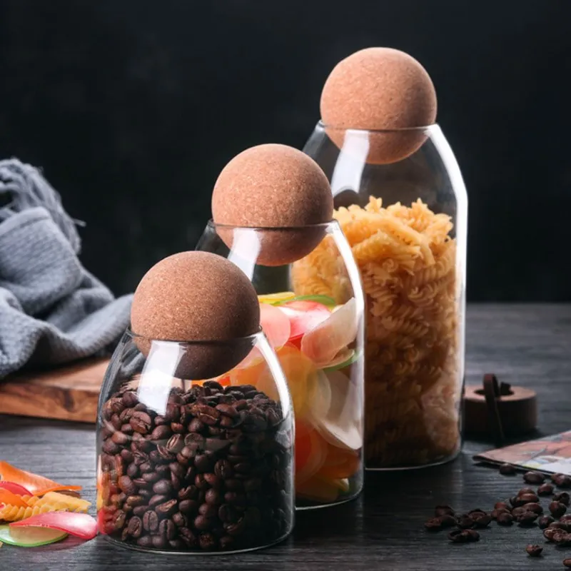 New customized design glass storage jar with ball shaped cork lid for kitchen use, Transparent
New customized design glass storage jar with ball shaped cork lid for kitchen use, Transparent