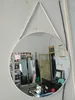 white 50x50cm round metal frame hanging mirror with chain or leather strap