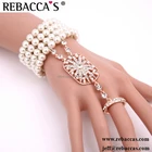 White pearls bride wedding gift hand chain bracelet arabic ring bracelet