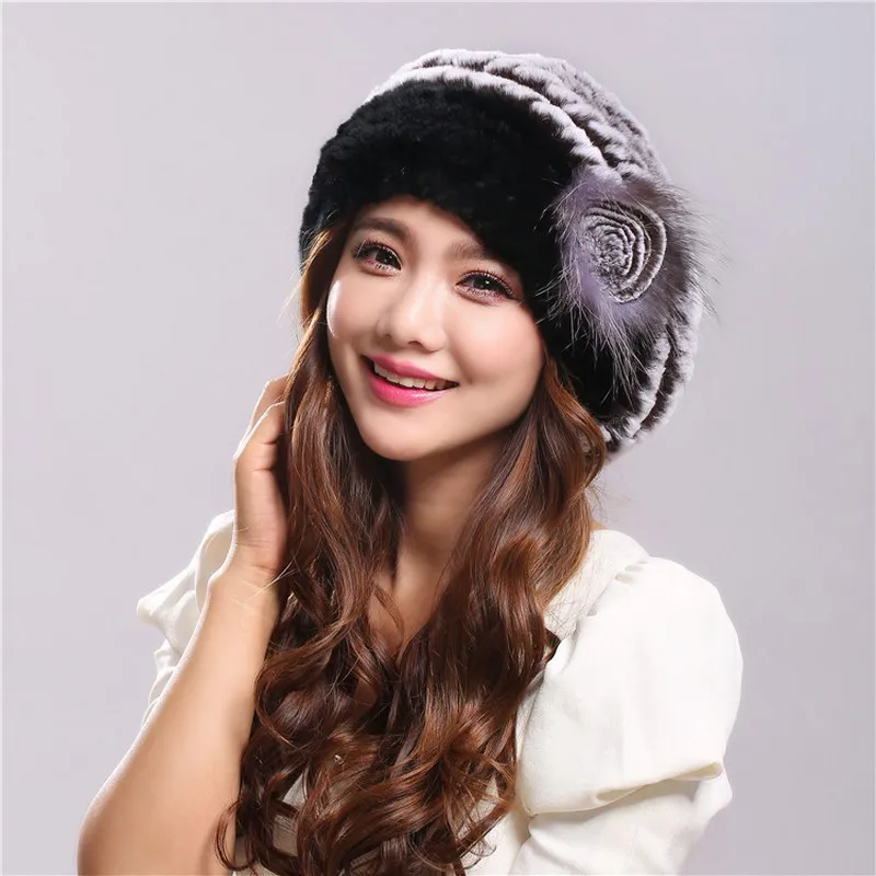 Winter Hat  Women's Genuine Rex Rabbit Fur Hats Beanies Warm Casual Female Knitted Natural Fur Hat Caps  (29)