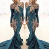 2019 Muslim Long Sleeves Satin Mermaid Evening Dresses 3D Lace Floral Beaded Sweep Train Plus Size Prom Gowns