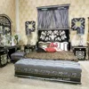Latest antique royal style black color pakistan luxury wood double bed designs with silver foil