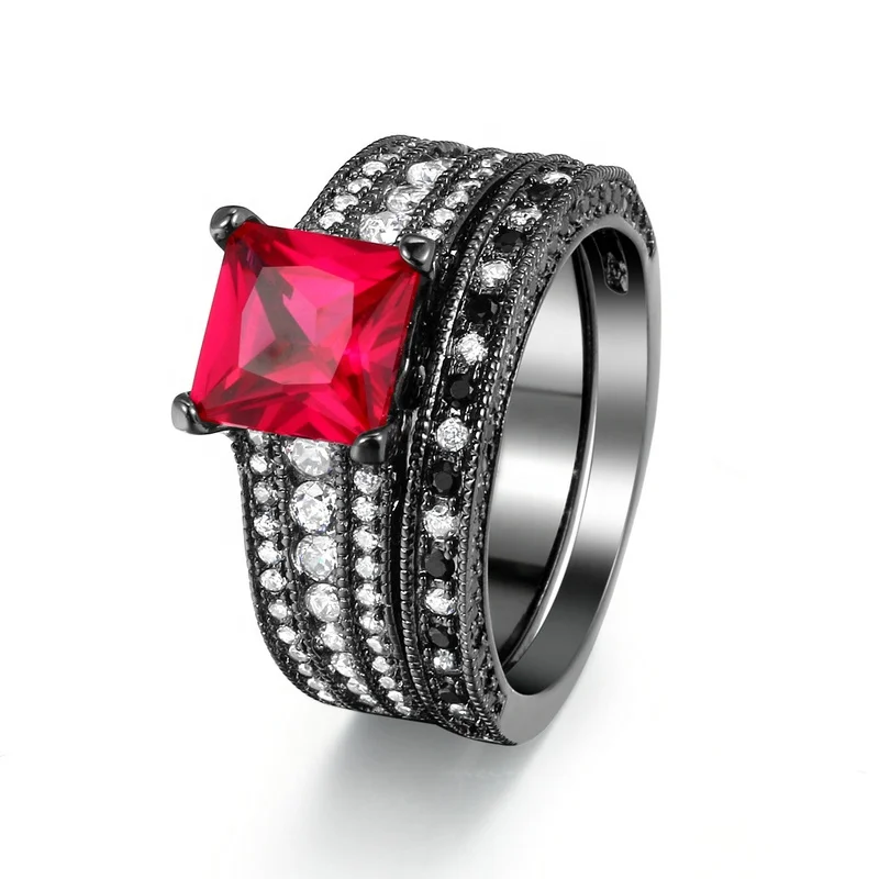 Princess-cut Red Ruby Stone Black Gold Plated Party Ring Set Jewelry For Women Wholesale Top Quality Luxury Design
Princess-cut Red Ruby Stone Black Gold Plated Party Ring Set Jewelry For Women Wholesale Top Quality Luxury Design