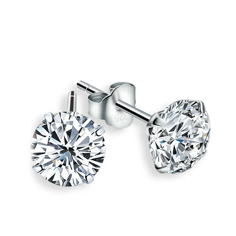 

925 Sterling Silver Stud Earrings For Women White zircon Round Platinum Jewelry Gift
