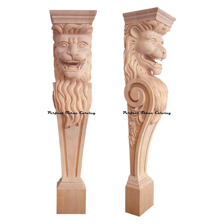 Solid Wood Carved Large Lion Pilaster Island Cabinet Corbel Pt5110