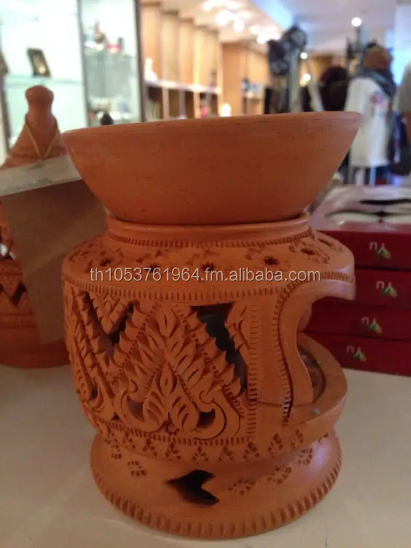 Tradition handmade Spa ceramic pottery red oil burner-Unique, exotic, handcrafted into 200 years old Thailand vintage patter
