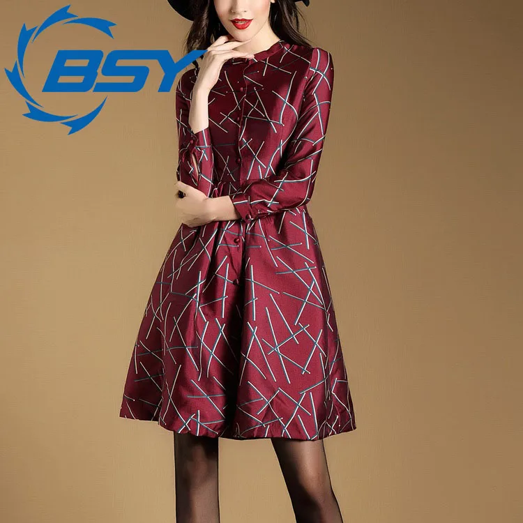 New Design Wine Red Printed Vintage O Neck Full Sleeve Slim High Waist A Line Tunic Classical Pleated Bubble Swing Dress