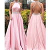 L3299 Pink Satin Evening Dresses Custom Bridal Bridesmaid Party Prom Gowns Beaded Backless Formal Gown