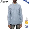 Men's Long Sleeve Buttondown Blue Shirts with Dual Chest Pocket